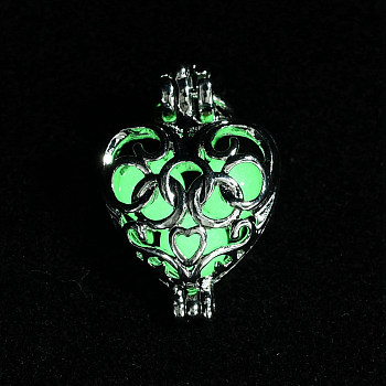 Luminous Stone Pendants, Brass Hollow Heart Charms, with Jump Ring, Lime, 23x16x10mm, Hole: 6mm