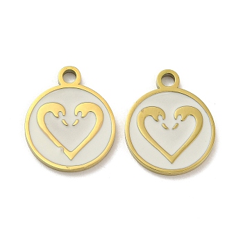 Ion Plating(IP) 316L Surgical Stainless Steel Pendants, with Enamel, Real 18K Gold Plated, Flat Round with Heart Charm, Old Lace, 16x13.5x1.5mm, Hole: 2mm