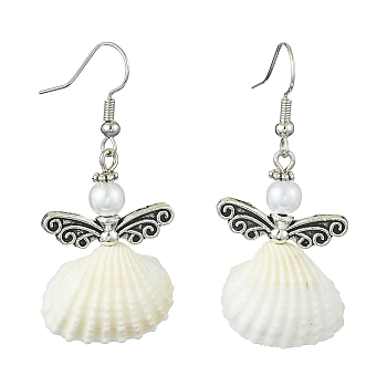 Alloy Fairy Wings Dangle Earrings, Natural Shell Drop Earrings, Antique Silver, 48x22mm
