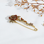 1Pc Rose Tangerine Rhinestone Brooch, Alloy Brooches for Backpack Clothes, Antique Golden, 82x30mm(JEWB-LP0002-03)