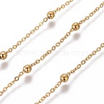 304 Stainless Steel Cable Chains, Satellite Chains, with Round Beads, Soldered, with Spool, Flat Oval, Golden, Link: 2x1.7x0.3mm, Beads: 3.3x3mm, about 82.02 Feet(25m)/roll(CHS-E018-08G)