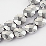 Electroplated Non-magnetic Synthetic Hematite Flat Round Bead Strands, Faceted, Platinum Plated, 8x3.5mm, Hole: 1mm, about 51pcs/strand, 15.74 inch(G-L368-06D)