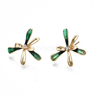 Brass Micro Pave Clear Cubic Zirconia Stud Earring Findings, with Enamel and Loop, Flower, Real 18K Gold Plated, 16x14mm, Hole: 1mm, Pin: 0.7mm(KK-S356-307-NF)
