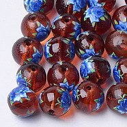 Printed & Spray Painted Transparent Glass Beads, Round with Flower Pattern, Saddle Brown, 10~10.5x9.5mm, Hole: 1.6mm(GLAA-S047-04B-09)