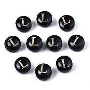 Handmade Lampwork Beads, with Golden Plated Brass Etched Metal Embellishments, Flat Round with Alphabet, Letter.L, 8x5mm, Hole: 0.8mm(LAMP-S196-001L)