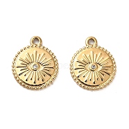 304 Stainless Steel Charms, with Rhinestone, Flat Round with Eye Charms, Real 14K Gold Plated, 14.5x12x1.5mm, Hole: 1.2mm(STAS-L022-086G)