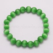 Cat Eye Beads Stretch Bracelets, Round, Green, 1-7/8 inch(47mm)(BJEW-F242-8mm-01)