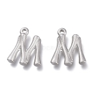 304 Stainless Steel Pendants, Bamboo Shaped Letter, Stainless Steel Color, Letter.M, 17.5~19x10~16x3~4mm, Hole: 1.8~2mm(STAS-G214-38P-M)