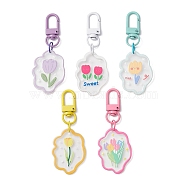 Flower Acrylic Pendant Decoraiton, with Spray Painted Alloy Swivel Snap Hooks Clasps, Mixed Color, 76mm(HJEW-JM01389)