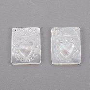 Natural White Shell Mother of Pearl Shell Pendants, Rectangle with Heart, 15.5x11.5x2.2mm, Hole: 0.7mm(SHEL-K004-04)