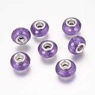 Faceted Resin European Beads, Large Hole Rondelle Beads, with Silver Tone Brass Cores, Dark Violet, 14x9mm, Hole: 5mm(RPDL-J011-07)