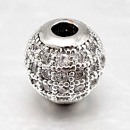 Round Brass Micro Pave Cubic Zirconia Beads, Clear, Platinum, 6mm, Hole: 1.8mm(ZIRC-N016-01P-6MM)