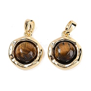 Brass Pave Natural Tiger Eye Flat Round Charms, Real 18K Gold Plated, 15x13x5mm, Hole: 4x2.5mm(KK-U043-42G-A)