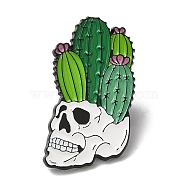 Black Alloy Brooch, Enamel Pins, Skull with Cactus, Dark Green, 30x17x1mm(JEWB-Z011-02C-EB)