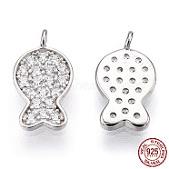 Rhodium Plated 925 Sterling Silver Micro Pave Cubic Zirconia Charms, Fish Charms, Nickel Free, Real Platinum Plated, 11x6x1mm, Hole: 1.2mm(STER-T004-68P)