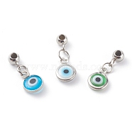 Handmade Lampwork Pendants, with 304 Stainless Steel Tube Bails, Flat Round with Evil Eye, Stainless Steel Color, Mixed Color, 18mm, Hole: 1.8mm(PALLOY-JF00663)