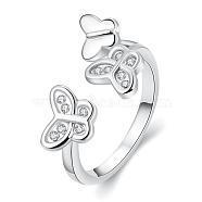 Exquisite Brass Czech Rhinestone Butterfly Cuff Rings, Open Rings for Women, Platinum, US Size 6(16.5mm)(RJEW-BB02118-6B)