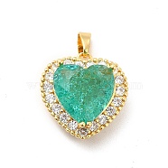 Brass Micro Pave Clear Cubic Zirconia Pendants, with Faceted Glass, Heart Charm, Real 18K Gold Plated, Medium Aquamarine, 18.5x17x9.5mm, Hole: 5x3mm(KK-I695-001G-01)