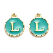 Golden Plated Alloy Enamel Charms, Enamelled Sequins, Flat Round with Alphabet, Letter.L, Green, 14x12x2mm, Hole: 1.5mm(ENAM-Q437-15L)