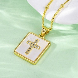 Brass Micro Pave Clear Cubic Zirconia Pendant Necklaces, with Shell, Real 18K Gold Plated, Cross, 17.80 inch(45.2cm)(NJEW-C071-05B-G)