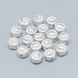 Feng Shui 925 Sterling Silver Beads, Flat Round with Yin Yang, Silver, 7.5x4mm, Hole: 1.4mm(STER-T002-70S)