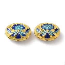 Rack Plating Brass Enamel Beads, Cadmium Free & Lead Free, Oval with Flower, Real 18K Gold Plated, Long-Lasting Plated, Blue, 21.5x15.5x11mm, Hole: 1.8mm(KK-P276-26A-01G)