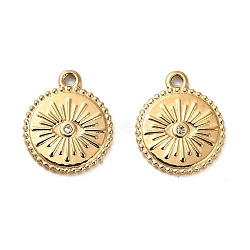 304 Stainless Steel Charms, with Rhinestone, Flat Round with Eye Charms, Real 14K Gold Plated, 14.5x12x1.5mm, Hole: 1.2mm(STAS-L022-086G)