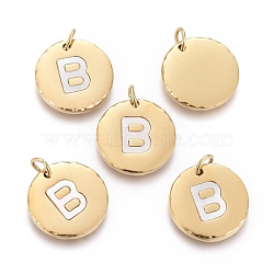 316 Surgical Stainless Steel Pendants, with Shell and Jump Rings, Flat Round with Alphabet, Golden, Letter.B, 15.5x2mm, Hole: 3.6mm(STAS-F256-015B-G)