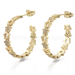 Semicircular Brass Micro Pave Clear Cubic Zirconia Stud Earrings, Half Hoop Earrings, with Earring Backs, Nickel Free, Star, Real 16K Gold Plated, 29mm, Pin: 1mm(EJEW-S208-095-NF)