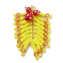 MIYUKI Rocailles Beaded Pendents, with Glass Pearl Round Beaded, Leaf Charms, Yellow, 36~38x25~27x8mm, Hole: 0.7mm(PALLOY-MZ00148-03)