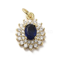 Brass Micro Pave Cubic Zirconia Pendants, with Glass, with Jump Ring, Real 18K Gold Plated, Flower, Midnight Blue, 17x12.5x5mm, Hole: 3.2mm(KK-E092-29G-03)