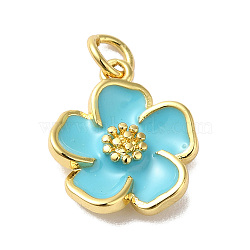 Rack Plating Brass Enamel Charms, Lead Free & Cadmium Free, with Jump RIng, Real 18K Gold Plated, Long-Lasting Plated, Flower Charm, Deep Sky Blue, 15x13x3.5mm(KK-O142-56G-01)