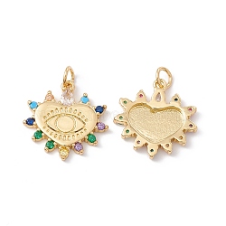 Rack Plating Brass Micro Pave Colorful Cubic Zirconia Pendants, with Jump Ring, Cadmium Free & Nickel Free & Lead Free, Heart with Eye, Real 18K Gold Plated, 19x18.5x2.5mm, Jump Ring: 5x1mm, Inner Diameter: 3mm(ZIRC-C040-15G)