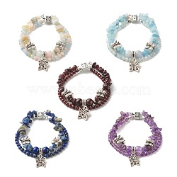 Mixed Stone Chip Beads Reiki Healing Multi-strand Bracelet, Butterfly Charm Double Layered Bracelet for Teen Girl Women, Antique Silver, 7-5/8 inch(19.5cm)(BJEW-JB07052-M)