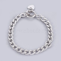 304 Stainless Steel Curb Chain Bracelets, Textured, with Toggle Clasps and Heart Shape Charm, Stainless Steel Color, 7-1/2 inch(19cm), 7mm(BJEW-P237-06P)