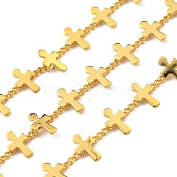 Brass Link Chains, Soldered, with Spool, Cadmium Free & Lead Free, Cross, Real 18K Gold Plated, 6mm(AJEW-Z028-06A)