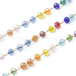 Glass Round Beaded Chains, with 304 Stainless Steel Findings, Unwelded, with Spool, Golden, Colorful, 3.3x2.6mm, about 65.62 Feet(20m)/Roll(CHS-A015-01G-01)