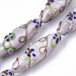 Handmade Gold Sand Lampwork Beads Strands, Bumpy, Rice with Flower Pattern, Plum, 45~47.5x14.5~15.5mm, Hole: 1.5mm, about 10pcs/Strand, 17.72 inch(LAMP-T007-02B)