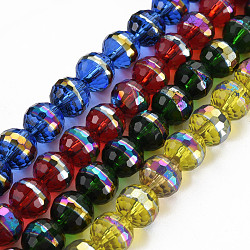 Electroplate Transparent Glass Beads Strands, Rainbow Color Plated, Faceted, Round, Mixed Color, 10x9.5mm, Hole: 1.4mm, about 39~40pcs/strand, 14.17 inch~14.57 inch(36~37cm)(EGLA-N006-031-A)