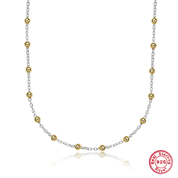 925 Sterling Silver Necklaces, with Real 18K Gold Plated Round Beads, Platinum, 15.75 inch(40cm)