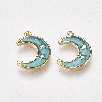 Brass Enamel Charms, Moon, Nickel Free, Real 18K Gold Plated, 12x9x1mm, Hole: 0.7mm