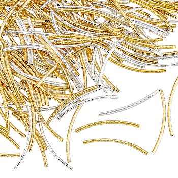 300Pcs 2 Colors Brass Tube Beads, Curved Tube, Golden & Silver, 35x2mm, Hole: 1mm, 150pcs/color