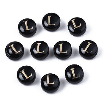 Handmade Lampwork Beads, with Golden Plated Brass Etched Metal Embellishments, Flat Round with Alphabet, Letter.L, 8x5mm, Hole: 0.8mm