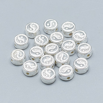 Feng Shui 925 Sterling Silver Beads, Flat Round with Yin Yang, Silver, 7.5x4mm, Hole: 1.4mm