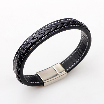 Imitation Leather Cord Bracelets, with Titanium Steel Magnetic Buckle, Black, 210mm(8-1/4 inch)