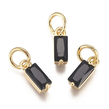 Brass Micro Pave Cubic Zirconia Charms, Long-Lasting Plated, with Jump Ring, Real 18K Gold Plated, Rectangle, Black, 10x3x3mm, Hole: 3mm