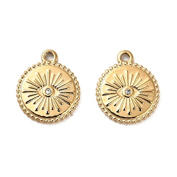 304 Stainless Steel Charms, with Rhinestone, Flat Round with Eye Charms, Real 14K Gold Plated, 14.5x12x1.5mm, Hole: 1.2mm