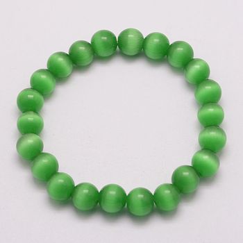Cat Eye Beads Stretch Bracelets, Round, Green, 1-7/8 inch(47mm)