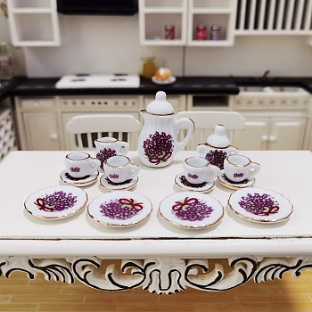 Mini Ceramic Tea Sets, including Cup, Teapot, Saucer, Micro Landscape Garden Dollhouse Accessories, Pretending Prop Decorations, Medium Orchid, 16~26x9~33mm, 15pcs/box
