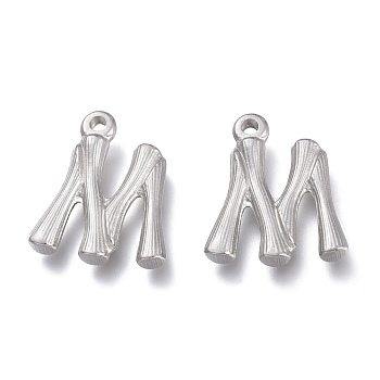 304 Stainless Steel Pendants, Bamboo Shaped Letter, Stainless Steel Color, Letter.M, 17.5~19x10~16x3~4mm, Hole: 1.8~2mm